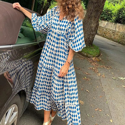 Women's Summer Casual Fashion Geometric Print Neckline Lace-up Bubble Middle-sleeves Ruffle Stitching Big Swing Long Losse Dress