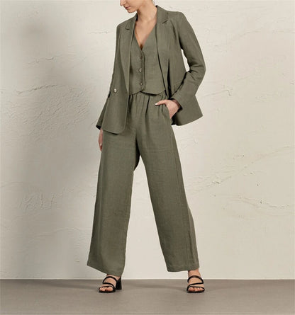 Summer Women's Suit 3 Pcs Linen Lady Business Office Suits Slim Fit Womens Tuxedo Casual Suits 2025 (Blazer +Vest +Pants)