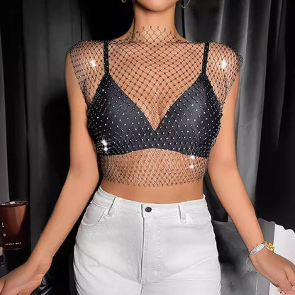 2024 New Mesh See Through Vest for Women Summer Sexy Shiny Rhinestone Fishnet Hollow Out Crop Top Beach Cover Up Party Tank Tops