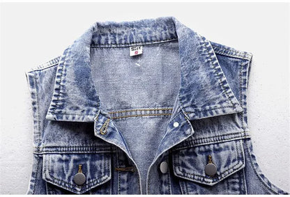 Women Denim Vest Jacket New Autumn Embroidery Beads Sleeveless Vintage Hole Jeans Vest Jacket Overcoat Female Tops Waistcoat