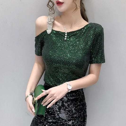 Sequin Off Shoulder Top Female Summer Outfit Clearance 2025 High Quality 90s Vintage Clothes Basic Women's Short Sleeve T-shirt