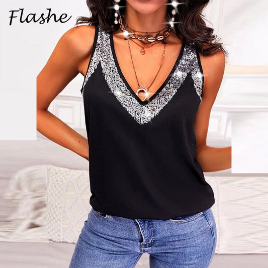 Summer Women Tank Tops Sequins Patchwork Sleeveless V Neck Shirts For Women Fashion Loose Tshirts Casual Shirt Pullover 2022