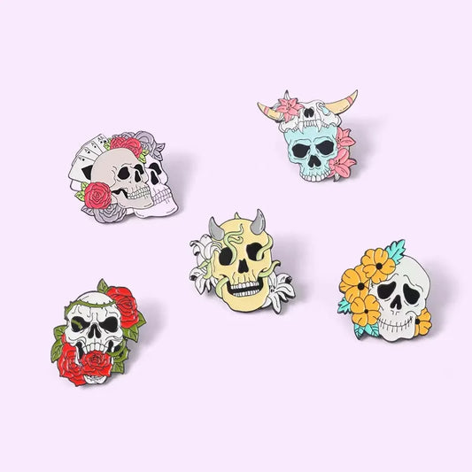 Rose Skeleton Enamel Pins Neo Gothic Horn Lily Vine Brooches Lapel Metal Bag Badges Colorful Punk Horror Jewelry Gifts For Woman