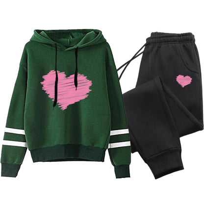 Cute Heart Printed Hoodies Sweatpants Woman Daily Casual Sports Jogging Suit Home Outdoor Comfort Warm Outfit Women's Clothes