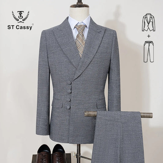 ST Cassy Elegant man suit for wedding peach Slim Fit Double Breasted Multiple buttons Casual Business man 2 piece outfit set