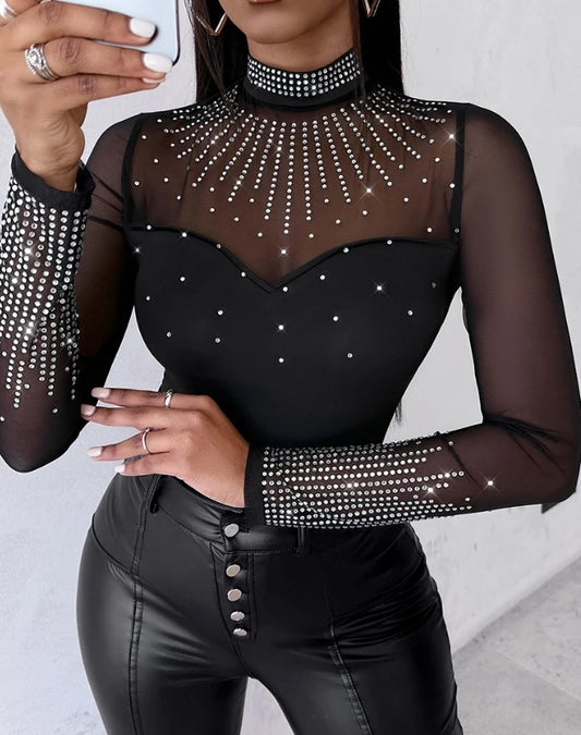 Sexy Bodysuit Women Summer 2024 Fashion Mock Neck Long Sleeve Rhinestone Decor Sheer Mesh Patch Bodysuits Casual Skinny Top