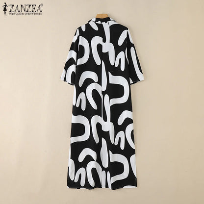 2025 ZANZEA Fashion Autumn Printed Dresses Women Maxi Long Dress Lapel Neck Long Sleeve Robe Casual Kaftan Vestidos Oversize