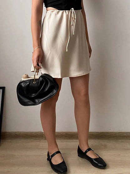 Satin Mini Skirts Women Summer Beige Silk Short Skirt For Woman Drawstring High Waist Black Satin Skirt A Line Women Short 2025
