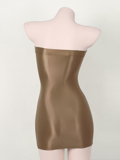 Sexy Women Oil Glossy Sheer Bodycon Dress Females See Through Strapless Pencil Dress Smooth Tight Mini Dress Clubwear
