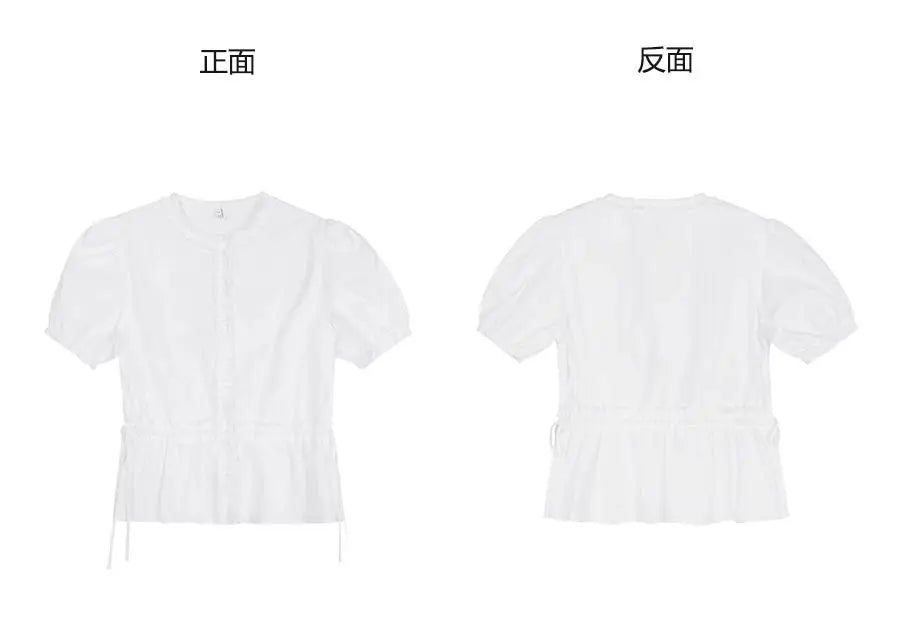 Women French Gentle Style Fungus Edges O-neck Puff Short-sleeved Shirts Summer Lace-up Bow Waist Slimming Single Breasted Blouse