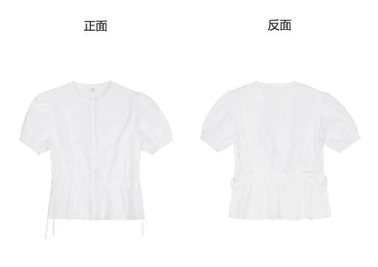 Women French Gentle Style Fungus Edges O-neck Puff Short-sleeved Shirts Summer Lace-up Bow Waist Slimming Single Breasted Blouse