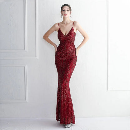 Women's Black Long Sleeve Padded Strap Sequin Dress Length, Sparkles Stretch, V Neck Mermaid, Formal Evening Dress, Night Party