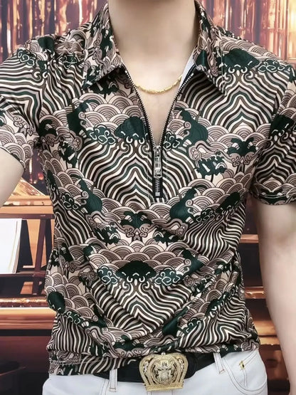 New Chinese Trend Leading Half-zip Men's Short-sleeved Shirt, Hong Kong Style Top