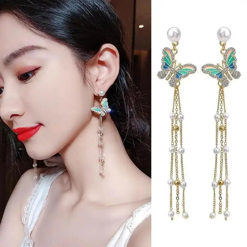 925 Silver Needle Blue Purple Butterfly Long Tassel Earrings For Women Jewelry 2025 Trending New Korean Crystal Drop Earrings