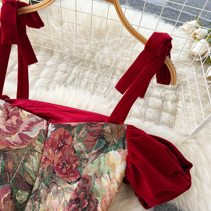 France Vintage Bow Mesh Wedding Runway Party Dresses Women Summer Fashion Elegant Strap Graduation Evening Vestidos Ladies Robe