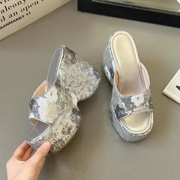 Slippers Women Summer On A Wedge Luxury Slides Shoes Flower Platform Pantofle Designer 2025 Floral Bling Fashion Shoes Woman's S