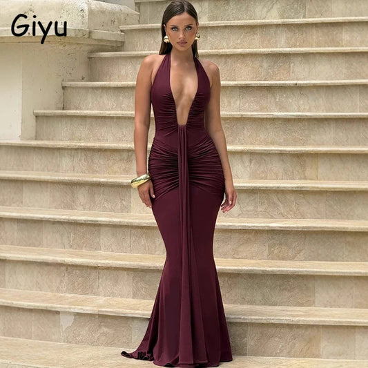 Giyu セクシー イブニング クラブ パーティードレス レディース 2025 夏 シャーリング ボディコンドレス ディープVネック ホルター ドレープ バックレス エレガント ローブ