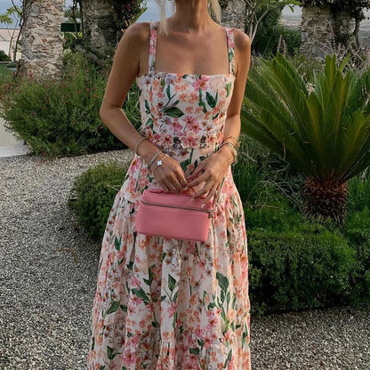Summer Sexy Off Shoulder Vacation Long Dress Women Elegant Floral Print Hollow Party Dress Fashion Sleeveless Pleated Bohe Dress