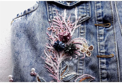 Women Denim Vest Jacket New Autumn Embroidery Beads Sleeveless Vintage Hole Jeans Vest Jacket Overcoat Female Tops Waistcoat