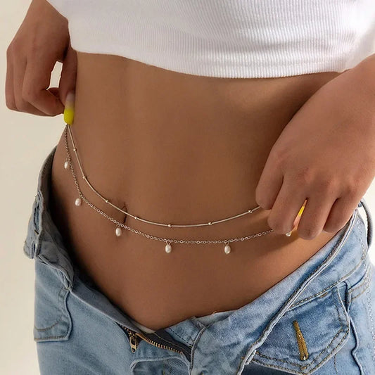 新しいファッションセクシーな二重層パールチェーン、女性用ウエストビーズベリーチェーン、ベリーベルト、夏のビーチボディジュエリー、フェスティバルギフト