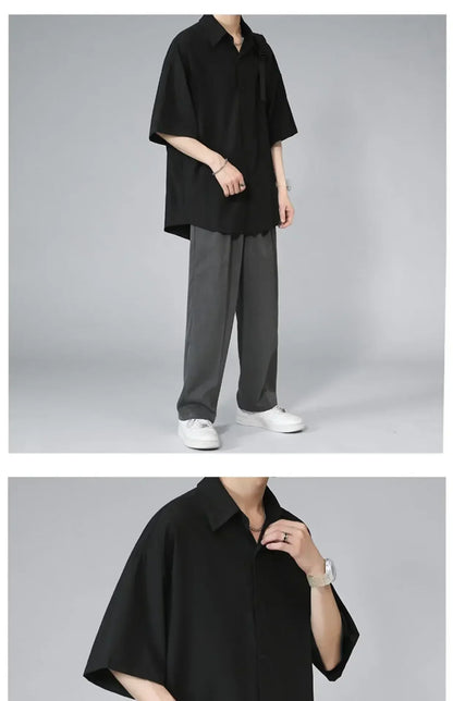 Men's Ice Silk Short Sleeve Shirt Casual Loose Fit Korean Style Trendy Black Shirt For Summer Thin Sleeve Casual