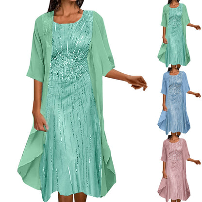 Formal Party Dresses Women Elegant Shiny Sequins Solid Color O-Neck Evening Dress Wedding Dress Two Piece Set Dress Vestidos