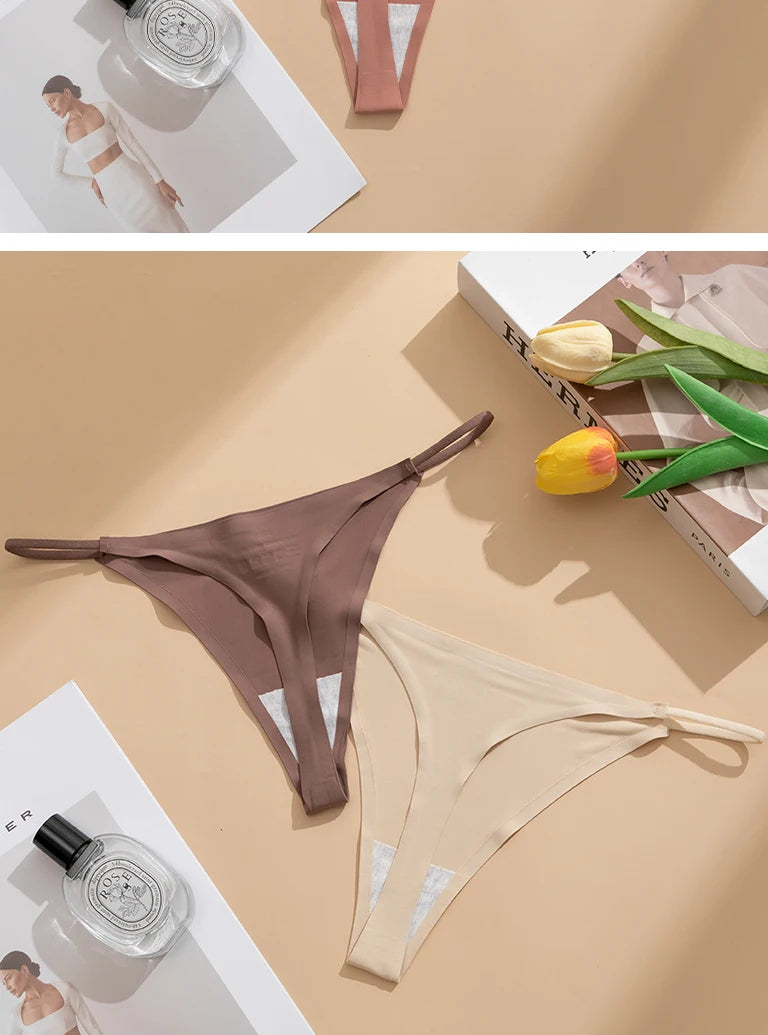 Women's Sexy Lightweight Ice Silk Seamless Knit Thong with Thin Straps - No Show Panty Underwear Lingerie Intimate Apparel