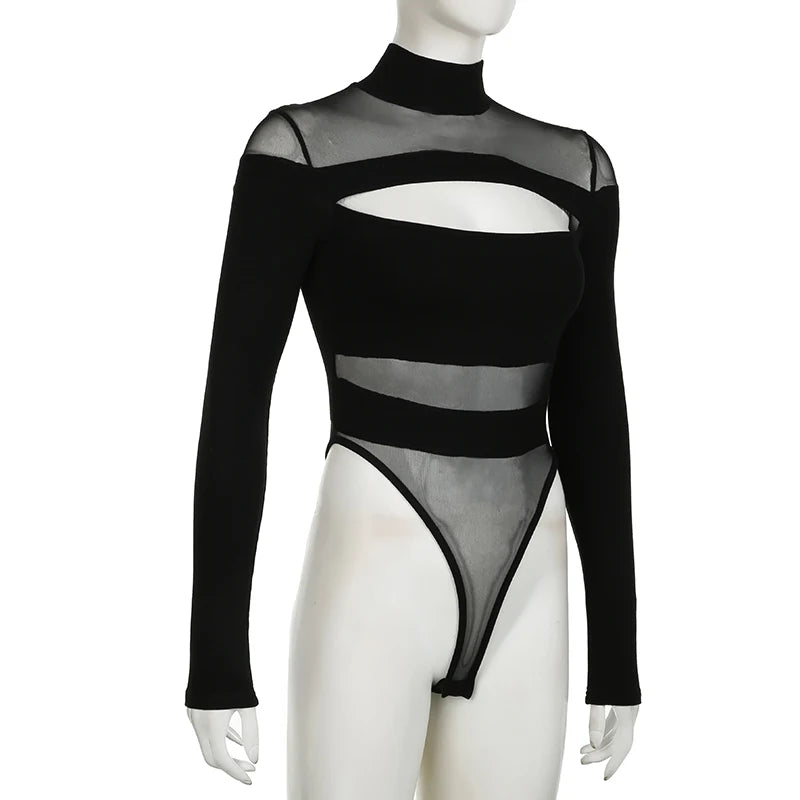 CIBBAR Black Hollow Out Bodysuit Mesh Patchwork Solid Full Sleeve See Through Bodycon Jumpsuit for Women Club Party Outfits Lady