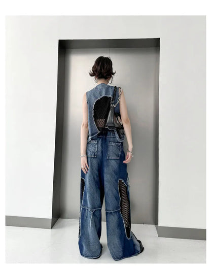 Grid Stitching V-Neck Denim Vest Women's Summer Fried Street Fashion Brand Loose Burrs Short Sleeveless Vests Jackets Female