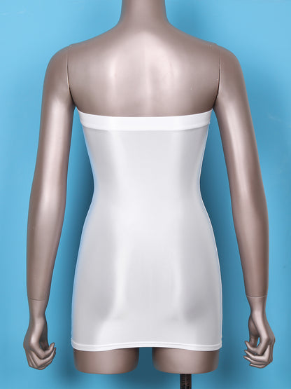 Sexy Women Oil Glossy Sheer Bodycon Dress Females See Through Strapless Pencil Dress Smooth Tight Mini Dress Clubwear