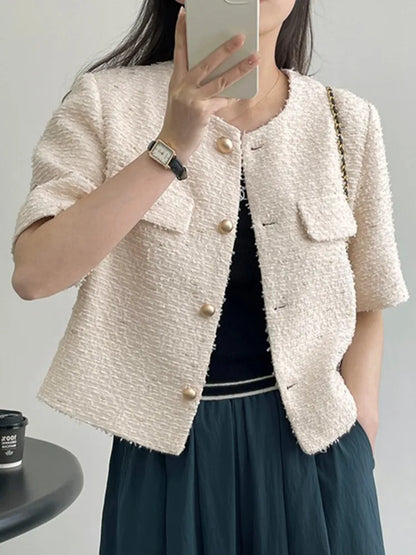 New Luxury Woolen Tweed Jacket Women Runway Short Sleeve French Style Short Coats Outwear Casacos chaqueta mujer Korean Fashion