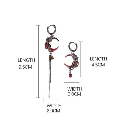 Red Moon Gem Asymmetric Earrings Personality Hip-pop Gothic Dark Ear Pendants Tassel Chain Eardrop Ear Buckle Jewelry Accessory