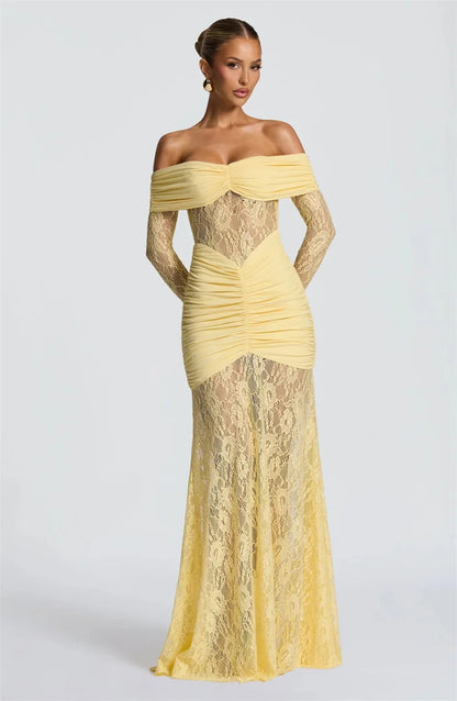 Mozision Off-shoulder Long Sleeve Sexy Maxi Dress Women Fashion Lace See Through Strapless Backless Bodycon Club Party Dresses