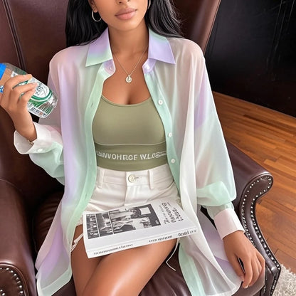 See-through Irregular Gradient Rainbow Long Sleeved Shirt And Blouses Thin For Women Clothes Loose Top Pink Casual Fashion Trend