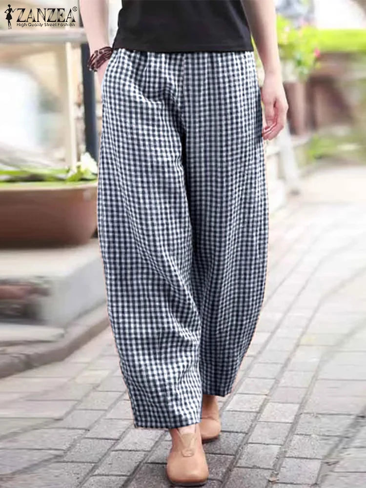 ZANZEA 2025 チェック柄パンツ レディース ファッション ランタンパンツ カジュアル ルーズ ロングパンツ 夏 ポケット 伸縮性ウエスト ボトムス オーバーサイズ