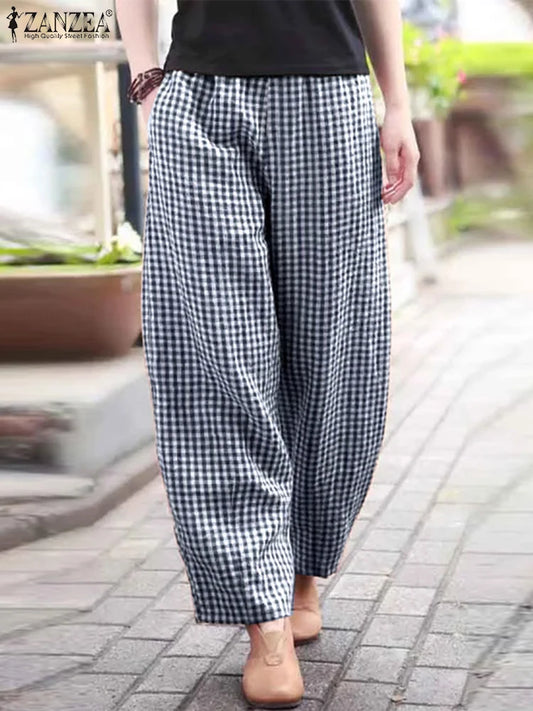 ZANZEA 2025 チェック柄パンツ レディース ファッション ランタンパンツ カジュアル ルーズ ロングパンツ 夏 ポケット 伸縮性ウエスト ボトムス オーバーサイズ
