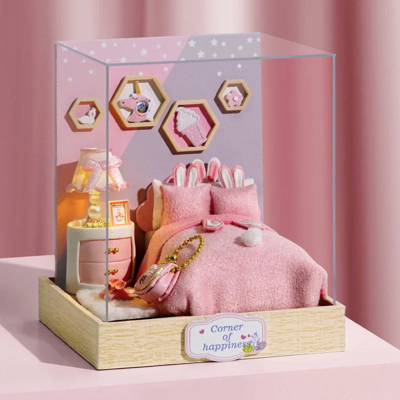 木製ミニチュアドールハウス DIY 小さな家キット 3Dパズル 組み立て式ハウス 家具 おもちゃ 子供の誕生日プレゼント