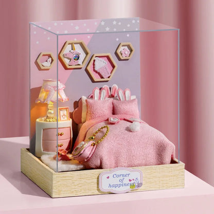 木製ミニチュアドールハウス DIY 小さな家キット 3Dパズル 組み立て式ハウス 家具 おもちゃ 子供の誕生日プレゼント