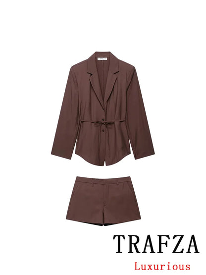 TRAFZA Casual Office Lady Chic Women Suit Solid Sashes Single Breasted Blazer Zipper Shorts New Fashion 2025 Spring Summer Sets