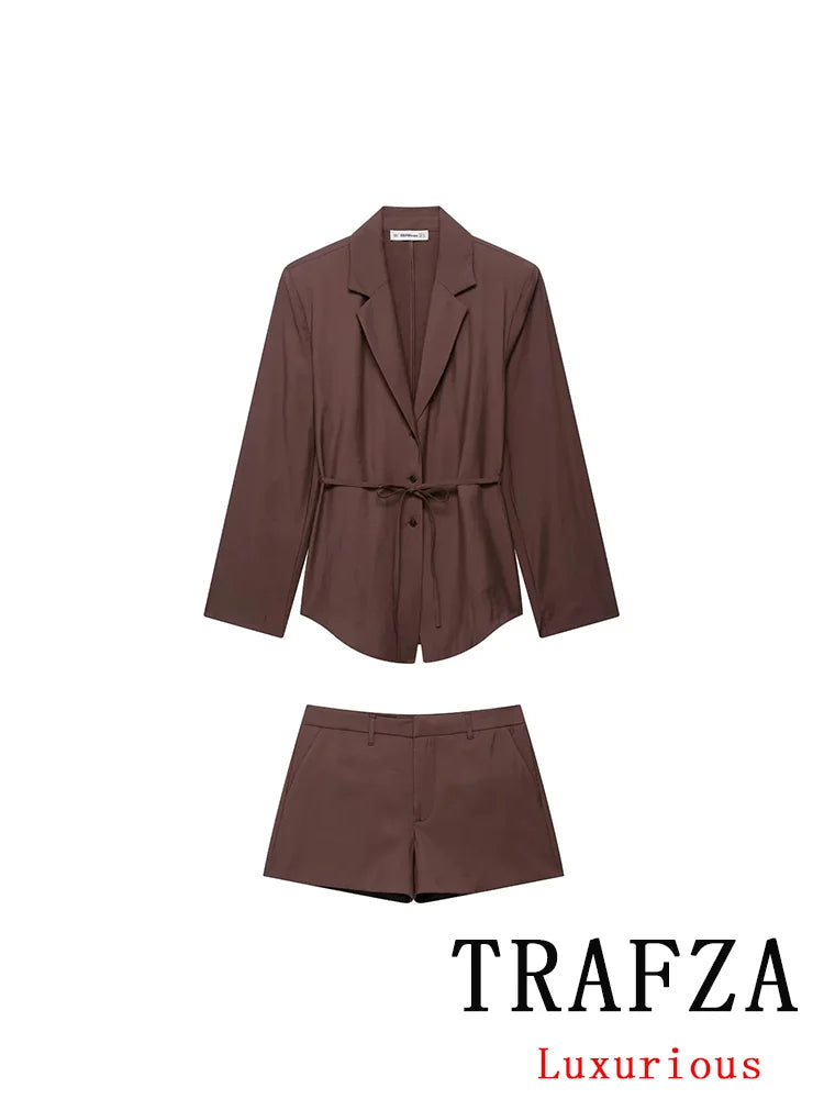 TRAFZA Vintage Brown V Neck Long Sleeve Belt Blazer+High Waist Wide Leg Shorts Fashion 2025 Summer Vintage Female Holiday Sets
