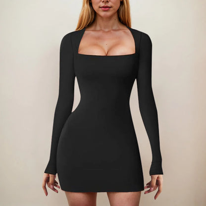 ファッション秋ワンピース レディース 新作ストリートウェア 長袖 スクエアカラー ミニドレス ブラック セクシーなバックレス 女性用 カジュアルスリムドレス