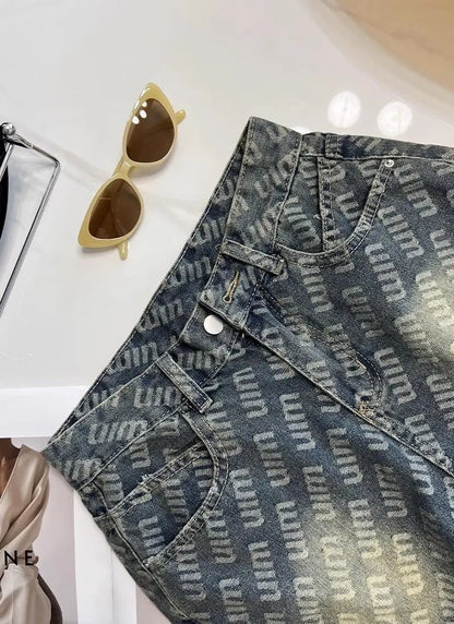 Letter Printed Denim Shorts  Women Design High Waist Loose Slimming Wide-leg A-line Hot Pants