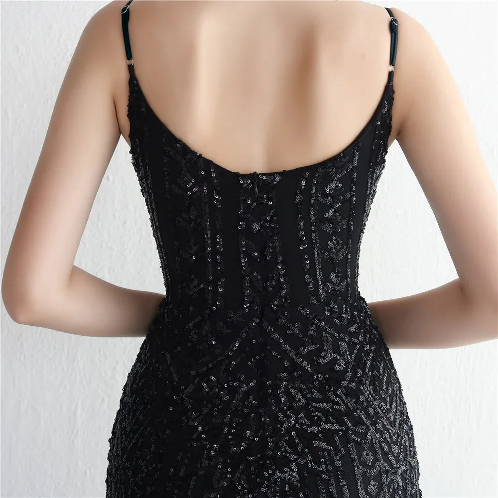 Women's Black Long Sleeve Padded Strap Sequin Dress Length, Sparkles Stretch, V Neck Mermaid, Formal Evening Dress, Night Party