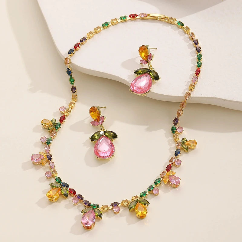 Colorful Zircon Flower Water Drop Charm Necklace Jewelry Sets for Women Elegant Luxury Earrings High-End Bestie Gift Accessories