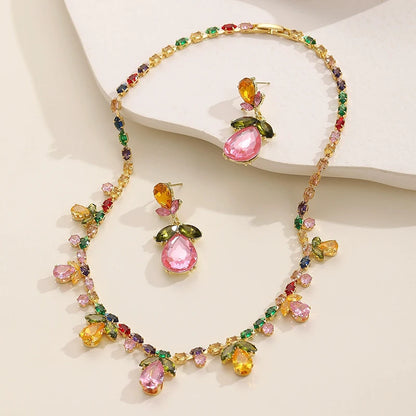 Colorful Zircon Flower Water Drop Charm Necklace Jewelry Sets for Women Elegant Luxury Earrings High-End Bestie Gift Accessories