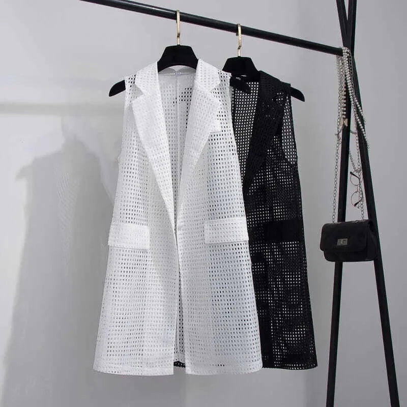 2025 Summer New V-NECKCollar Black White Suit Blazer Vest Jacket Women Style Commuter Sleeveless OL Cardigan Tank Coat