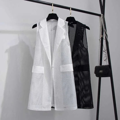 2025 Summer New V-NECKCollar Black White Suit Blazer Vest Jacket Women Style Commuter Sleeveless OL Cardigan Tank Coat