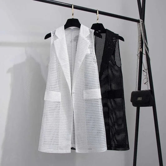2025 Summer New V-NECKCollar Black White Suit Blazer Vest Jacket Women Style Commuter Sleeveless OL Cardigan Tank Coat
