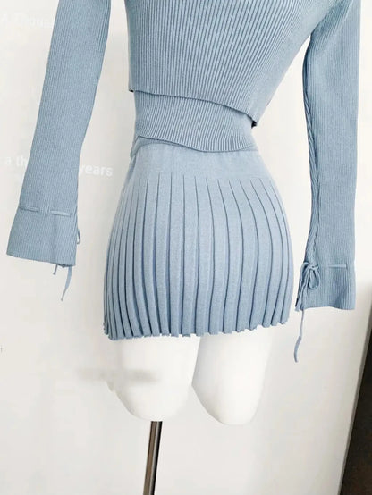 Woman Y2k Matching 3 Piece Set New Products Sweet Solid Knitted Cropped Patchwork Vest Slim Cardigan Mini Pleated Skirt Autumn