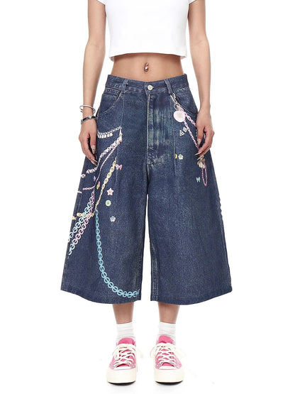 Chain Print Blue Jeans orts Men's Summer Loose Straight Leg Seven-Foot Pants Casual High Waist Corduroy Youth Faion